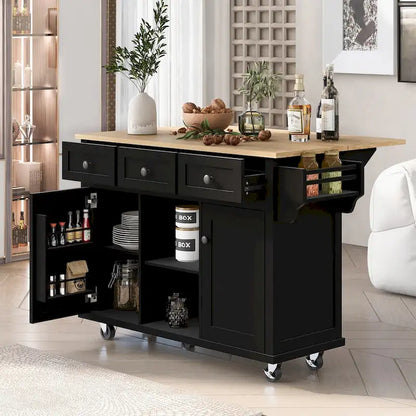 Rubber Wood Drop-Leaf Kitchen Cart with Internal Storage Racks and Rolling Casters