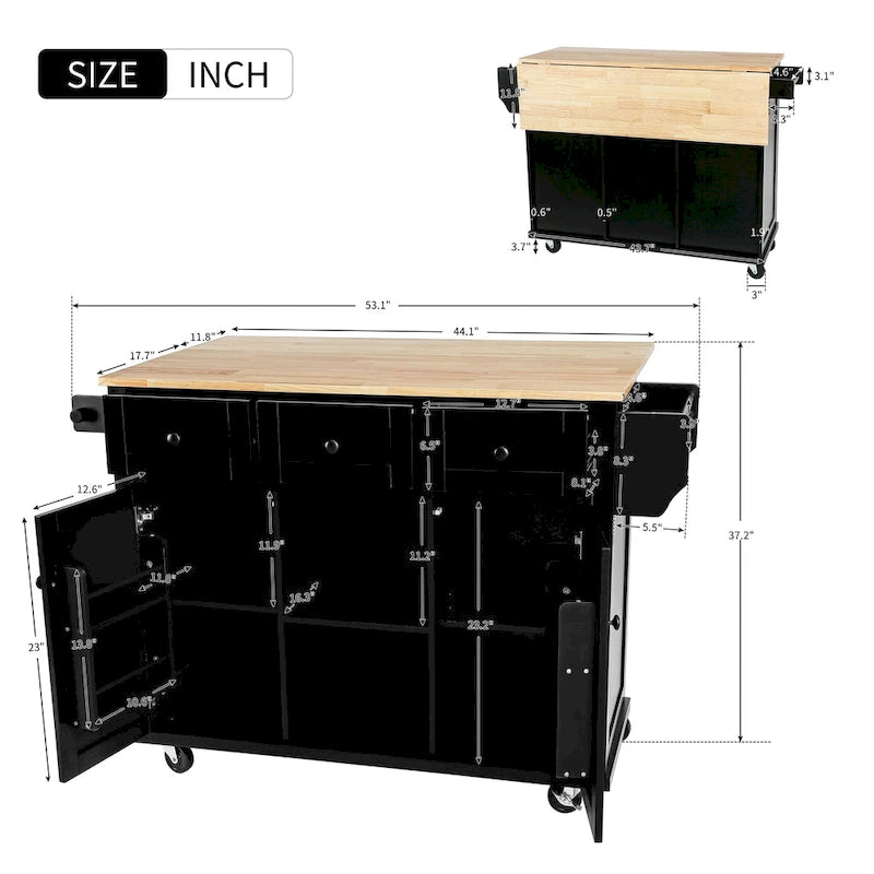 Rubber Wood Drop-Leaf Kitchen Cart with Internal Storage Racks and Rolling Casters