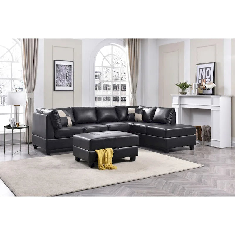 Malone 111 in. Faux Leather 4-Seater Sectional Sofa with 2-Throw Pillow - 111L x 78W x 34H