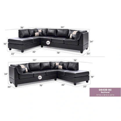 Malone 111 in. Faux Leather 4-Seater Sectional Sofa with 2-Throw Pillow - 111L x 78W x 34H