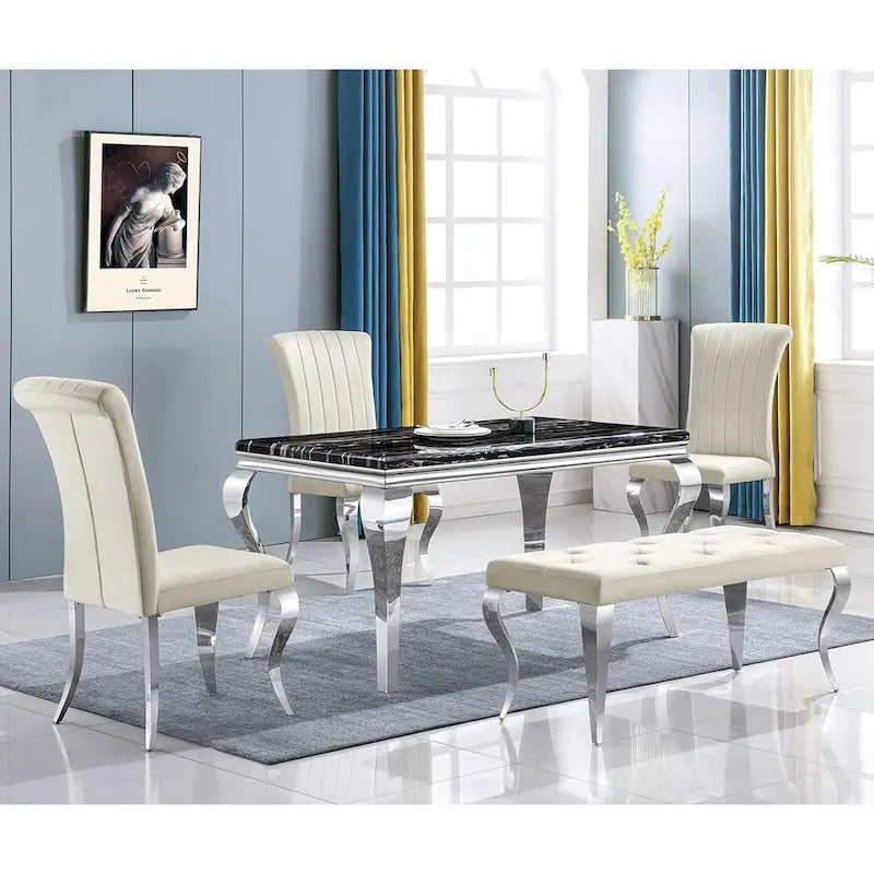 Luxury Velvet Bench Button Tufted Upholstered Dining Bench with Polished Metal Legs