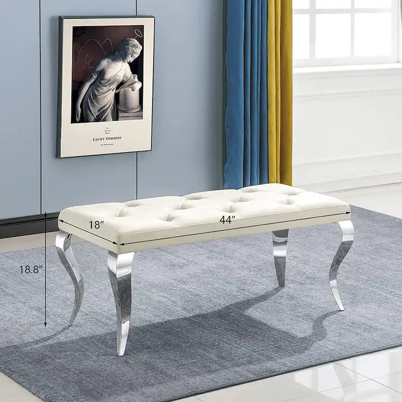Luxury Velvet Bench Button Tufted Upholstered Dining Bench with Polished Metal Legs