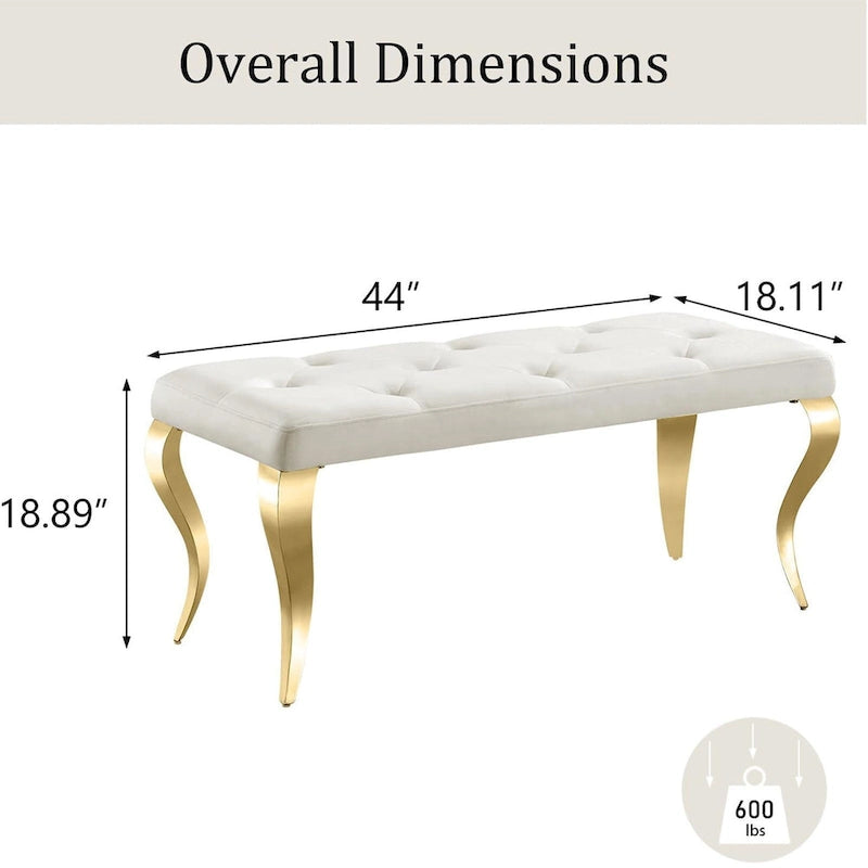 Luxury Velvet Bench Button Tufted Upholstered Dining Bench with Polished Metal Legs