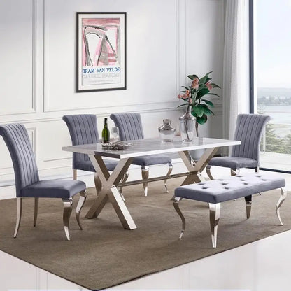 Luxury Velvet Bench Button Tufted Upholstered Dining Bench with Polished Metal Legs