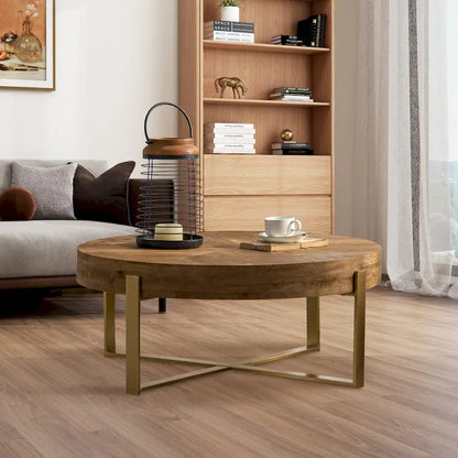 31W Round Coffee Table With Fir Wood Table Top and Metal Frame End Table