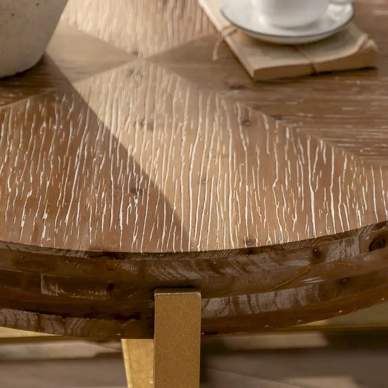 31W Round Coffee Table With Fir Wood Table Top and Metal Frame End Table