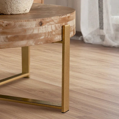 31W Round Coffee Table With Fir Wood Table Top and Metal Frame End Table