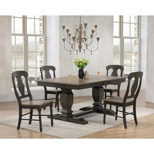 Double Transitional Pedestal Antiqued Grey Napoleon Back 5-Piece Dining Set