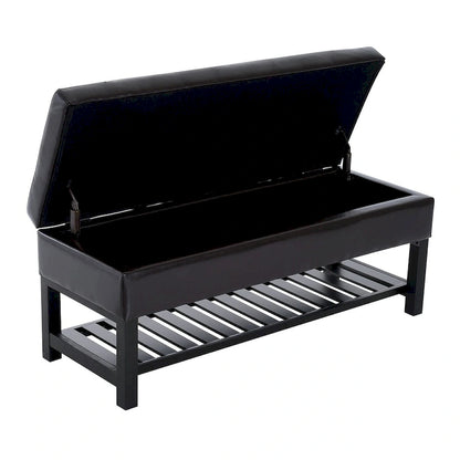 Porch & Den Westfield Brown Faux Leather Tufted Shoe Rack Ottoman Storage Bench