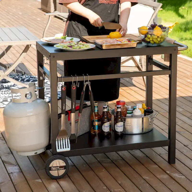Royal Gourmet Double Shelf Movable Dining Cart Work Table with Handle,Black