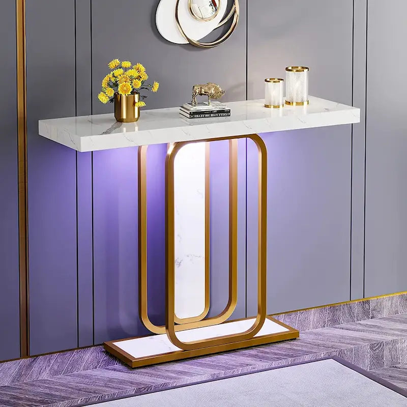 41.3 Console Table with LED Lights, Modern Gold White Entryway Hallway Accent Table