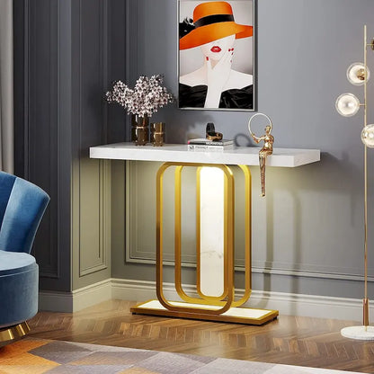 41.3 Console Table with LED Lights, Modern Gold White Entryway Hallway Accent Table
