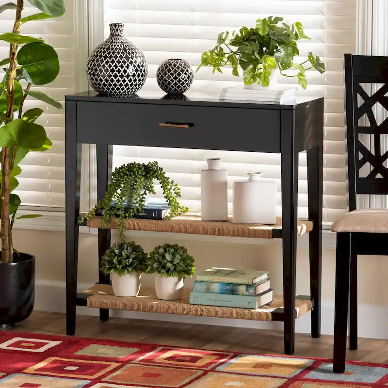 Freya Modern Bohemian Bayur Wood 1-Drawer Console Table-Black