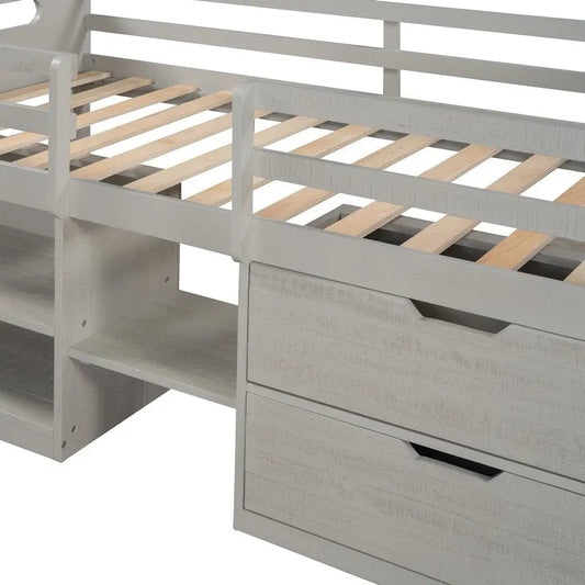 Twin Loft Bed with Storage and Drawers, Low Loft Bed Frame with 2 Shelves and 2 Drawers, No Box Spring Needed