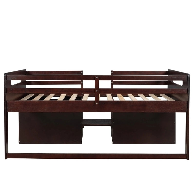 Twin Loft Bed with Storage and Drawers, Low Loft Bed Frame with 2 Shelves and 2 Drawers, No Box Spring Needed