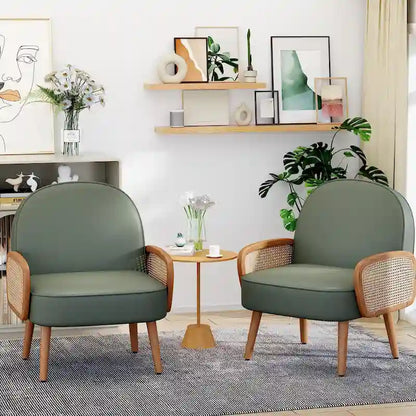 Accent Chair Armchair with Rattan Arms Upholstered Rattan Boho Accent Chair for Living Room Bedroom