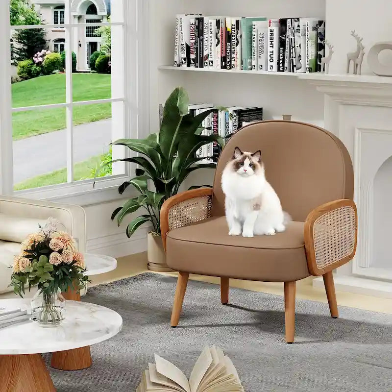 Accent Chair Armchair with Rattan Arms Upholstered Rattan Boho Accent Chair for Living Room Bedroom