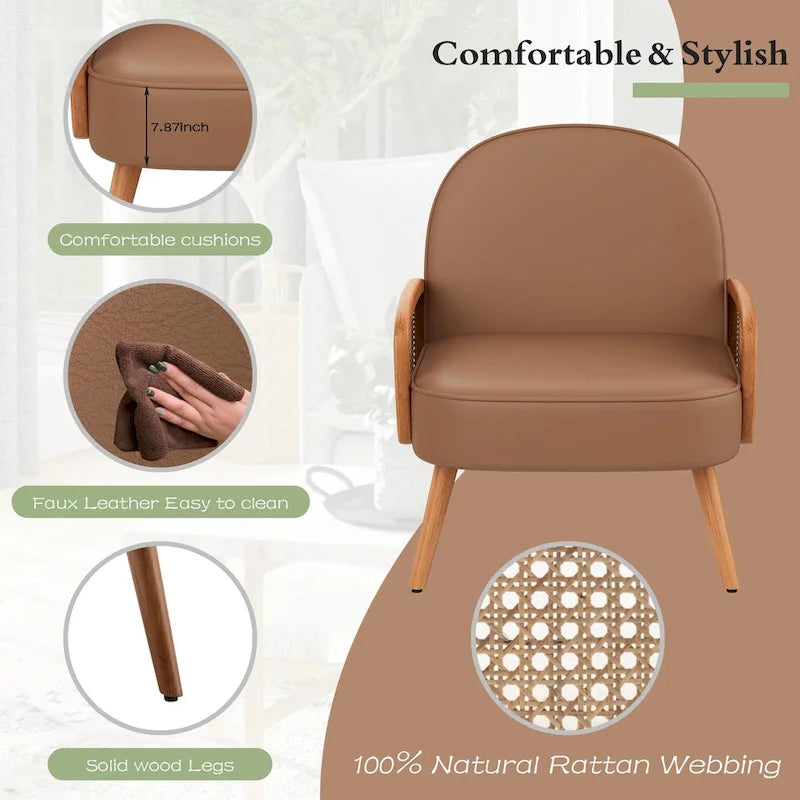 Accent Chair Armchair with Rattan Arms Upholstered Rattan Boho Accent Chair for Living Room Bedroom