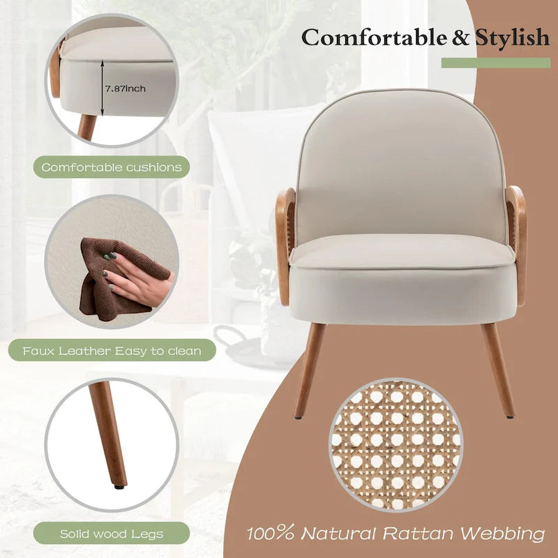 Accent Chair Armchair with Rattan Arms Upholstered Rattan Boho Accent Chair for Living Room Bedroom