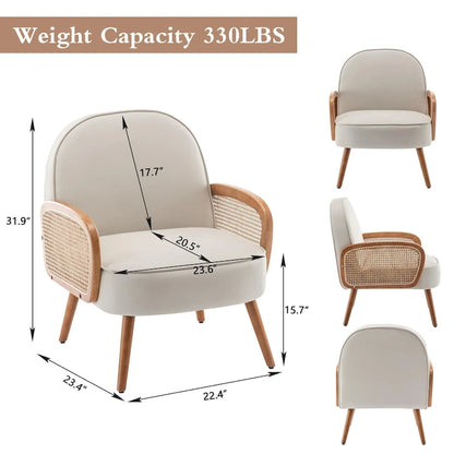 Accent Chair Armchair with Rattan Arms Upholstered Rattan Boho Accent Chair for Living Room Bedroom