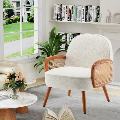 Accent Chair Armchair with Rattan Arms Upholstered Rattan Boho Accent Chair for Living Room Bedroom
