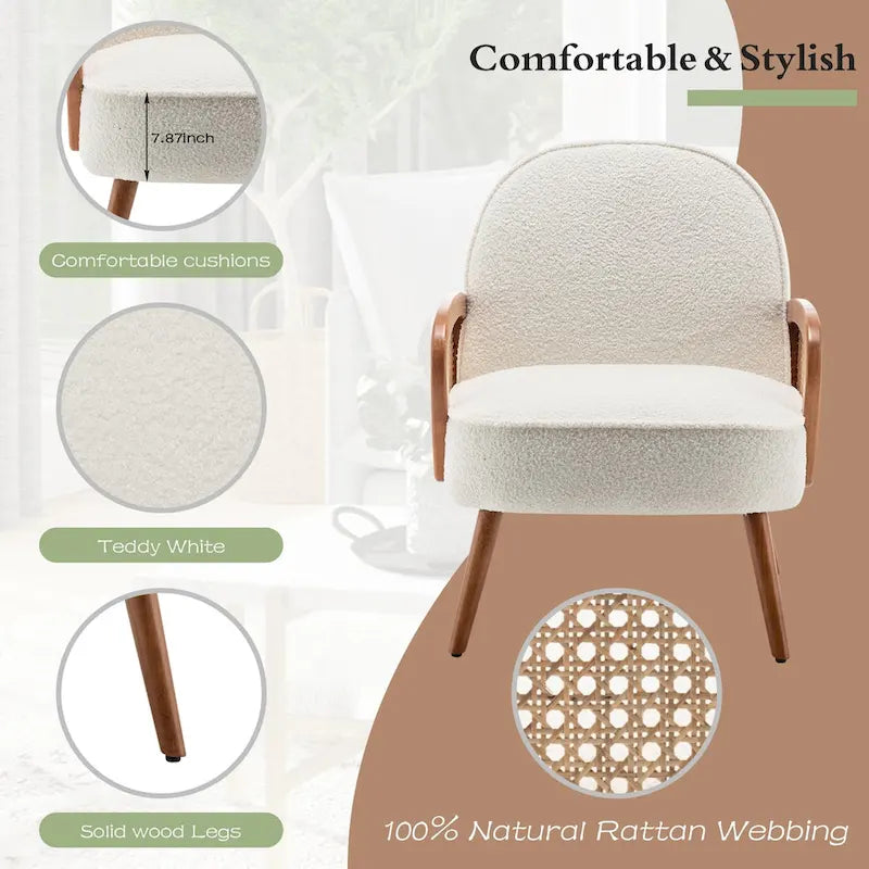 Accent Chair Armchair with Rattan Arms Upholstered Rattan Boho Accent Chair for Living Room Bedroom