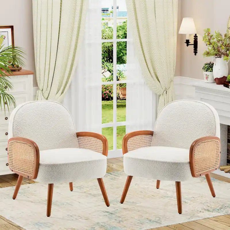 Accent Chair Armchair with Rattan Arms Upholstered Rattan Boho Accent Chair for Living Room Bedroom