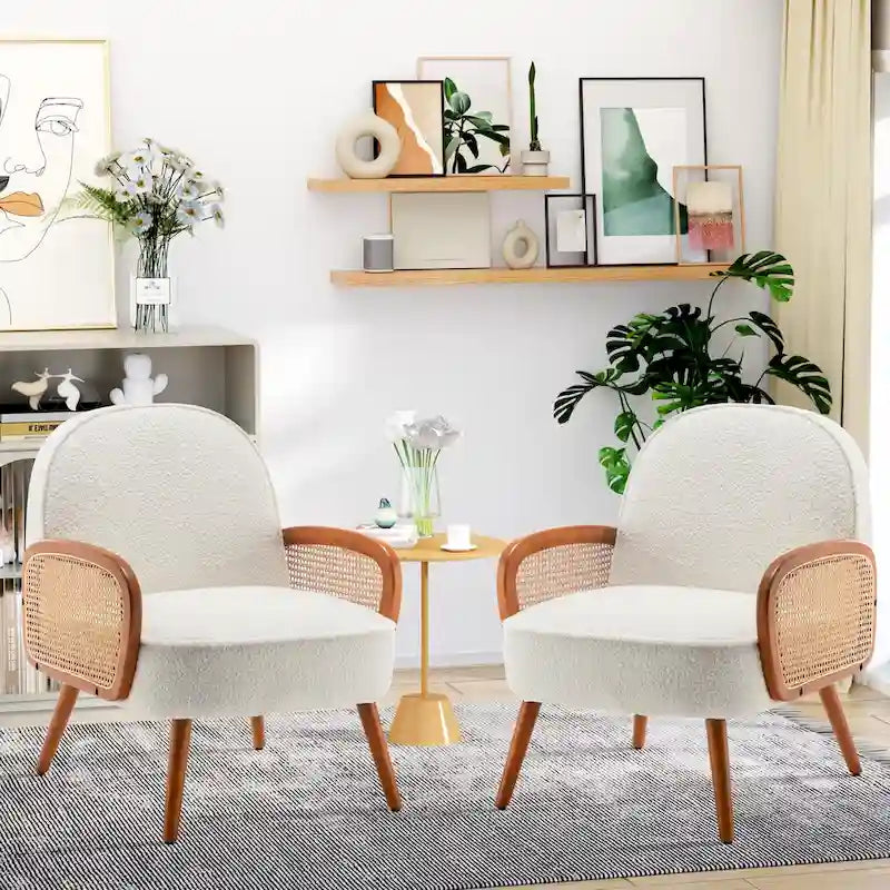 Accent Chair Armchair with Rattan Arms Upholstered Rattan Boho Accent Chair for Living Room Bedroom