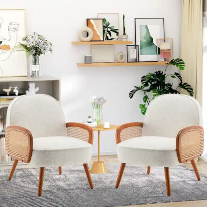 Accent Chair Armchair with Rattan Arms Upholstered Rattan Boho Accent Chair for Living Room Bedroom