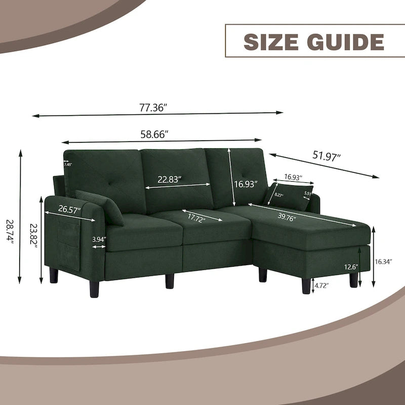 77.36 Inches Modern Sectional Sofa with Reversible Ottoman and Side Storage Pocket