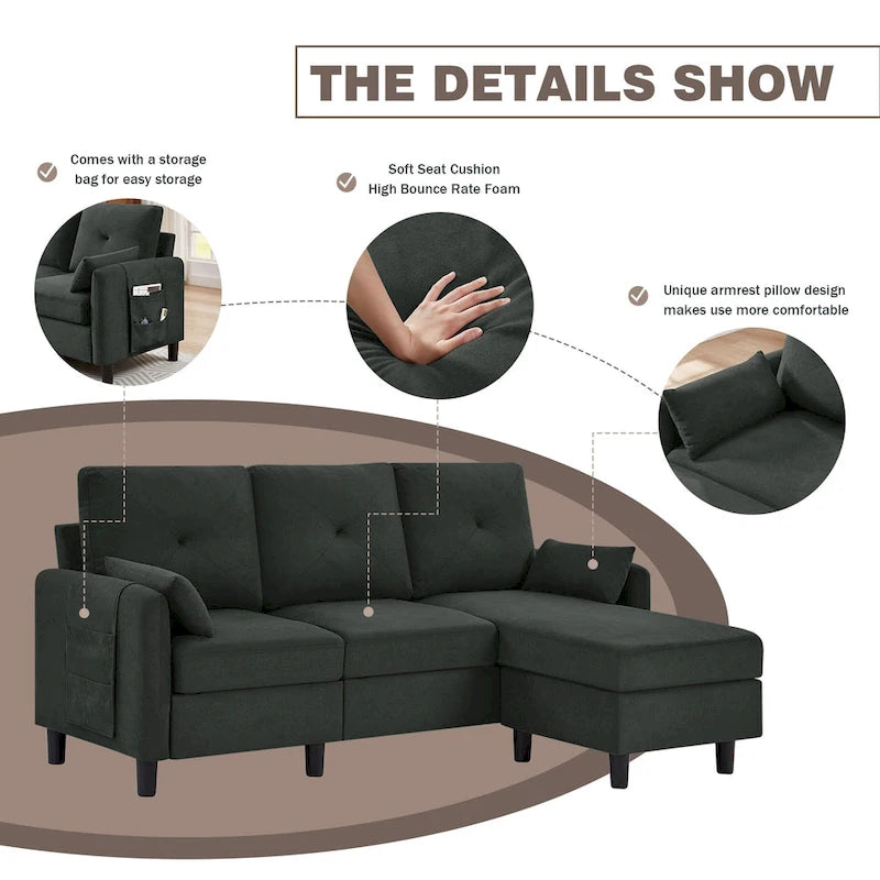 77.36 Inches Modern Sectional Sofa with Reversible Ottoman and Side Storage Pocket