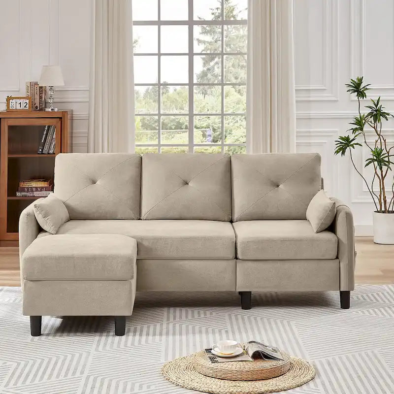 77.36 Inches Modern Sectional Sofa with Reversible Ottoman and Side Storage Pocket