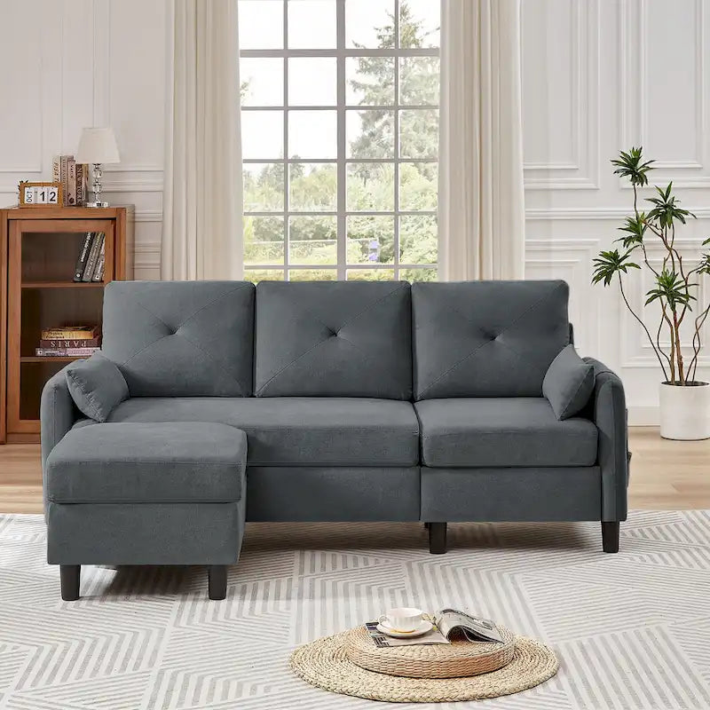 77.36 Inches Modern Sectional Sofa with Reversible Ottoman and Side Storage Pocket