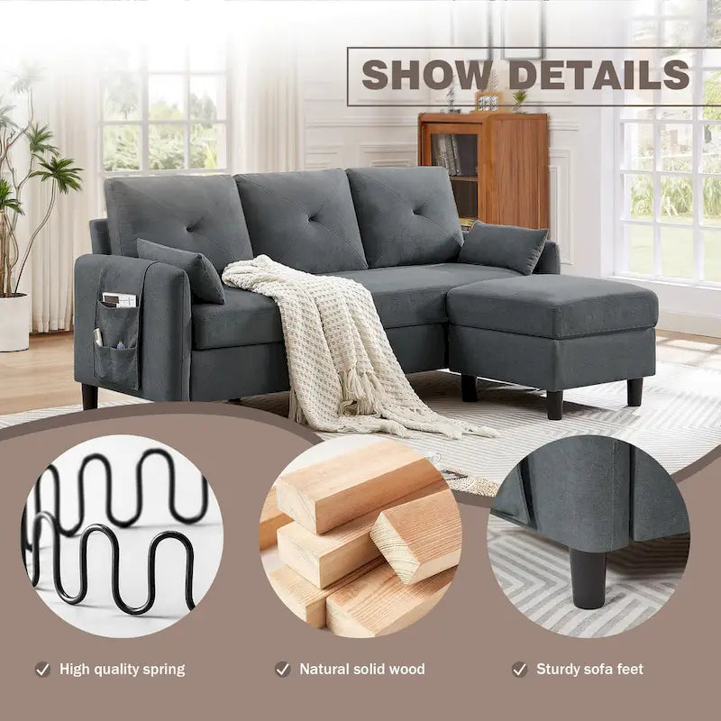 77.36 Inches Modern Sectional Sofa with Reversible Ottoman and Side Storage Pocket
