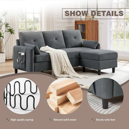 77.36 Inches Modern Sectional Sofa with Reversible Ottoman and Side Storage Pocket