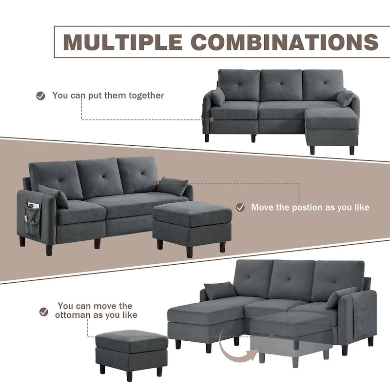 77.36 Inches Modern Sectional Sofa with Reversible Ottoman and Side Storage Pocket