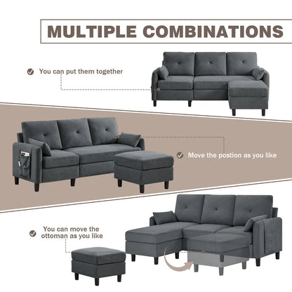 77.36 Inches Modern Sectional Sofa with Reversible Ottoman and Side Storage Pocket