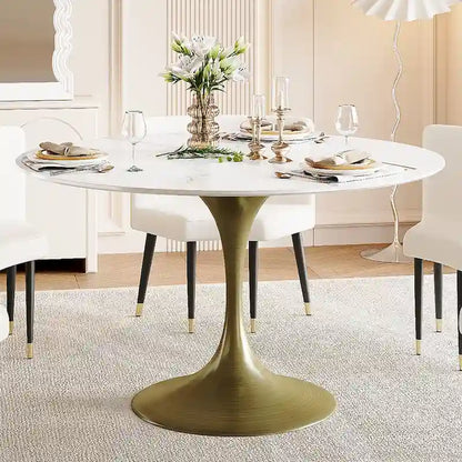JASIWAY Modern Faux Marble Top Iron Pedestal Dining Table