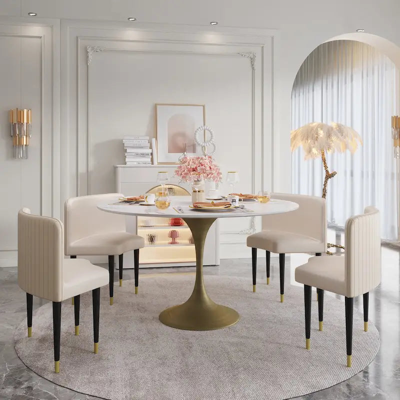 JASIWAY Modern Faux Marble Top Iron Pedestal Dining Table