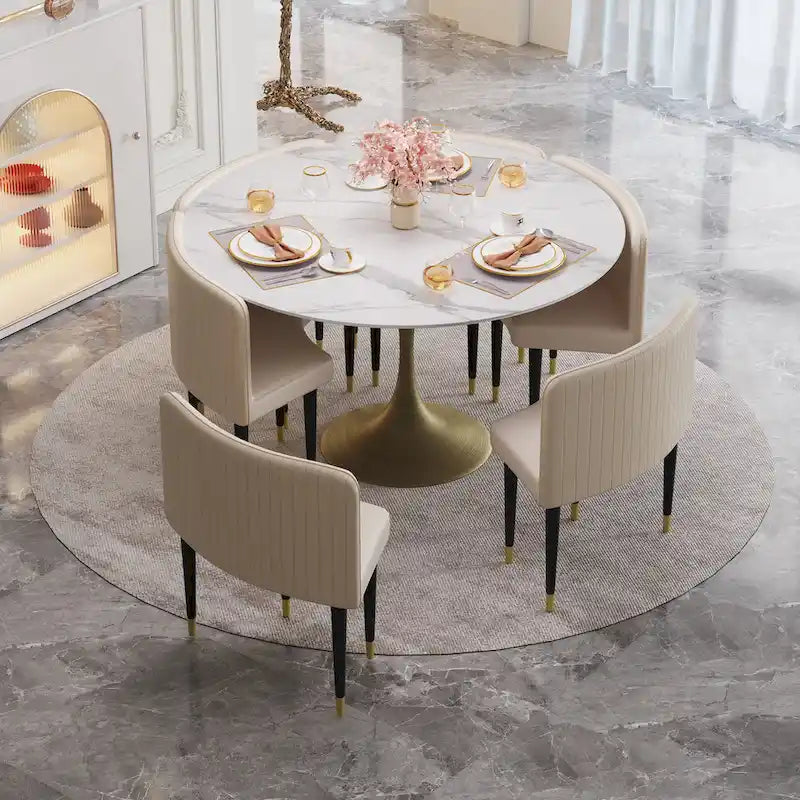 JASIWAY Modern Faux Marble Top Iron Pedestal Dining Table