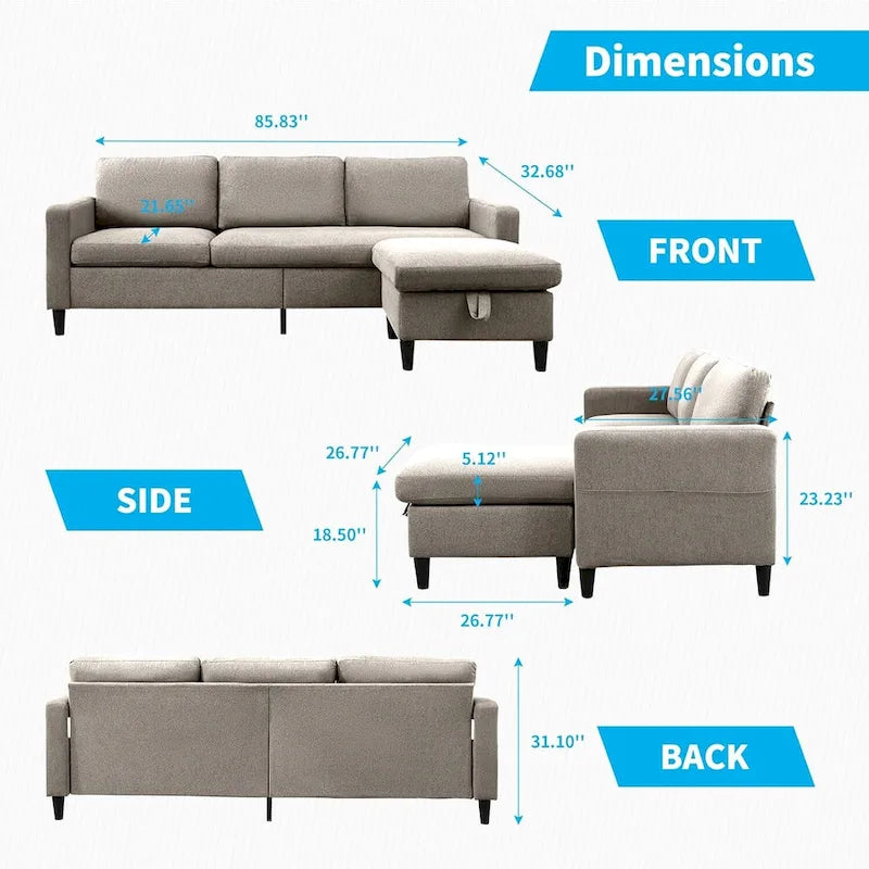 Mixoy Convertible L-Shaped Sectional 3-Seat Sofa with Storage Ottoman,Reversible Chaise - 85.83in x 27.95in x 30.71in