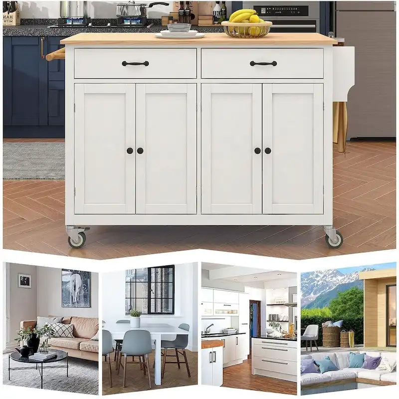 54.3 W Solid Wood Countertop Kitchen Cart with 4 Door Cabinet and 2 Drawers