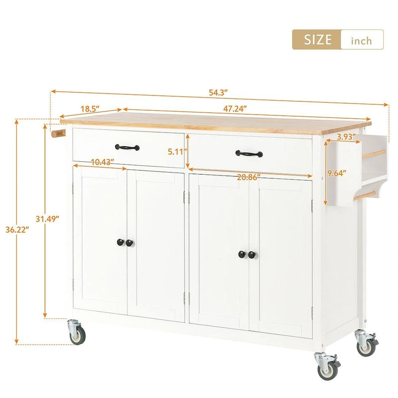 54.3 W Solid Wood Countertop Kitchen Cart with 4 Door Cabinet and 2 Drawers