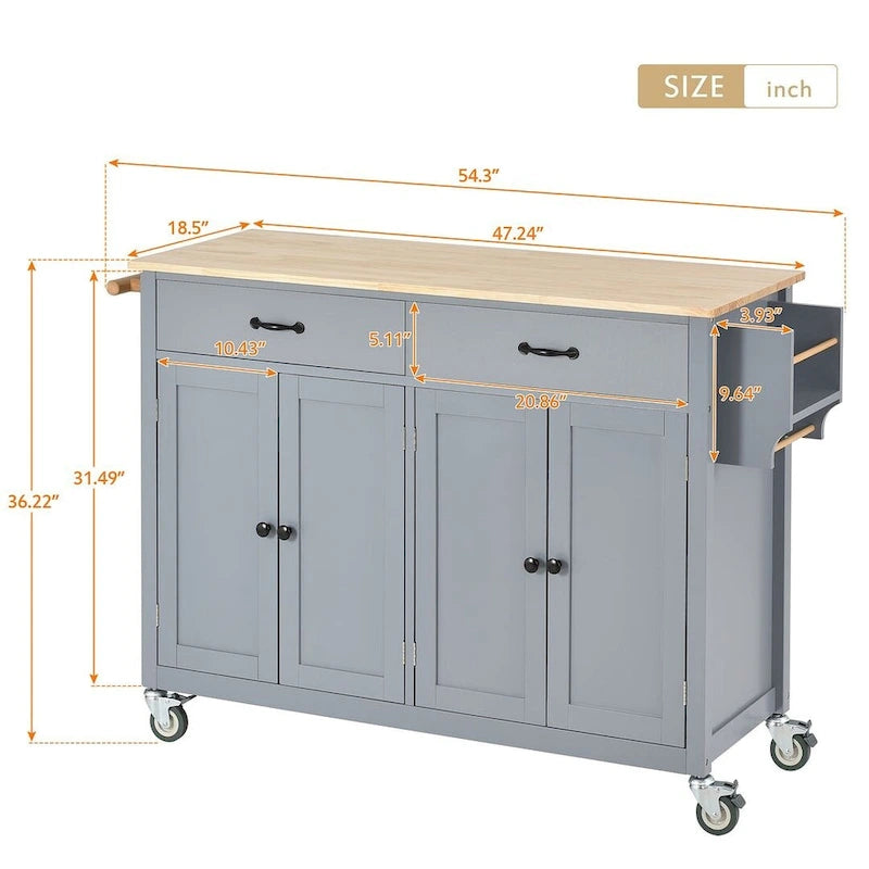 54.3 W Solid Wood Countertop Kitchen Cart with 4 Door Cabinet and 2 Drawers