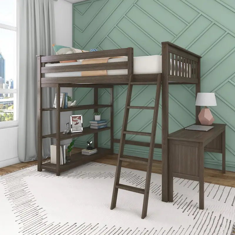 Full-Size High Loft Bed With Bookcase and Desk