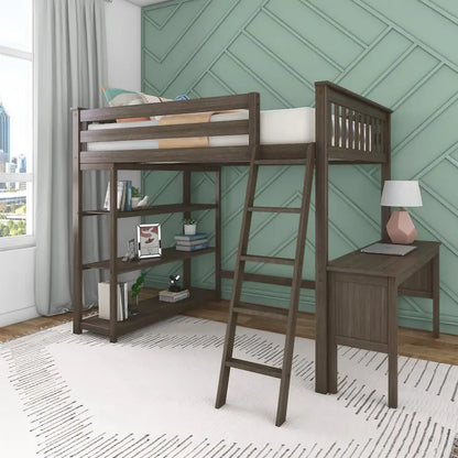 Full-Size High Loft Bed With Bookcase and Desk