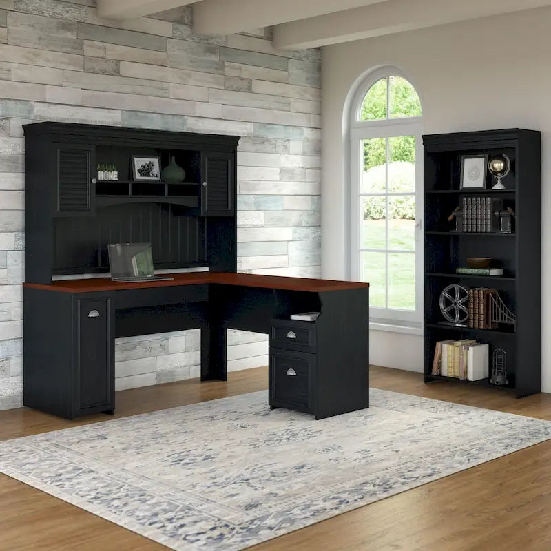 Fairview 60W L Shaped Desk with Hutch and Bookcase by Bush Furniture