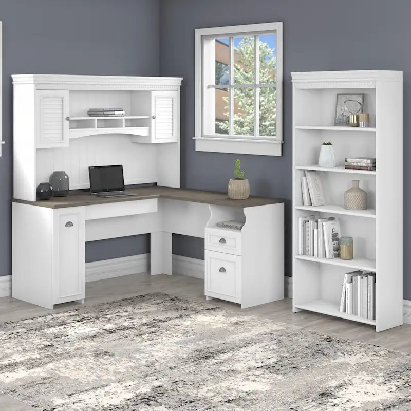 Fairview 60W L Shaped Desk with Hutch and Bookcase by Bush Furniture