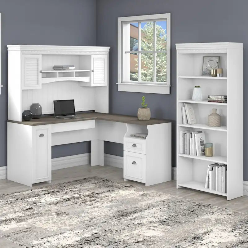 Fairview 60W L Shaped Desk with Hutch and Bookcase by Bush Furniture
