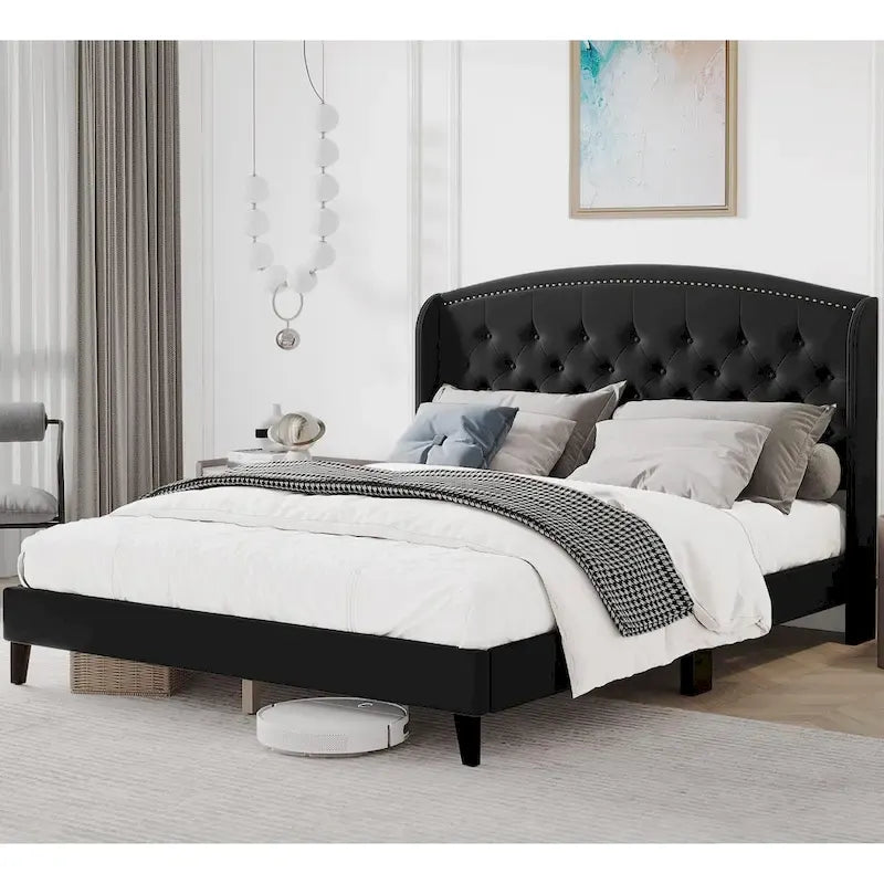 Upholstered Platform Bed Frame with Wingback Headboard
